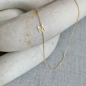 14k solid gold MAYA BRENNER ASYMMETRICAL INITIAL NECKLACE by Mark & Graham, “M”